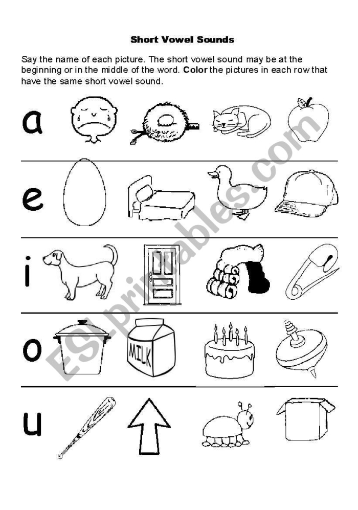 Engaging worksheet to help young learners review short vowel sounds from A to U Short Vowel Sounds worksheet for kindergarten students focusing on words matching activities