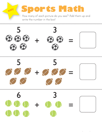 Kindergarten worksheet featuring colorful balloons to help students practice addition facts up to 10