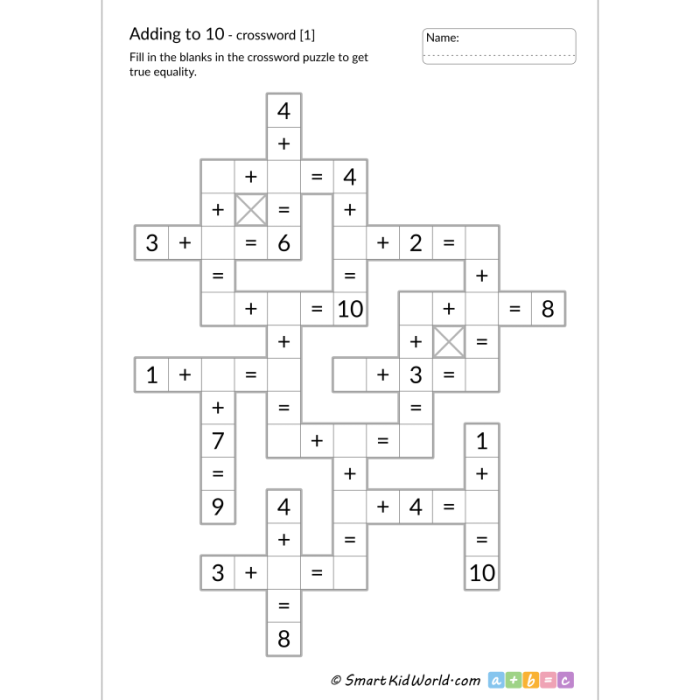 Addition Crossword Puzzle Worksheet Sums to 10 Number 5 Kindergarten addition crossword puzzle worksheet with sums up to 10 for early math practice