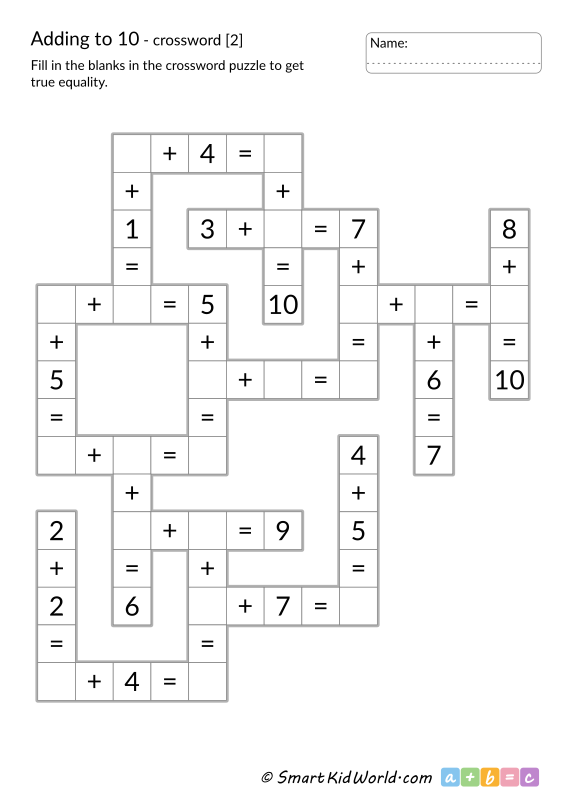 Addition Crossword Puzzle Worksheet for Kindergarten Sums to 10 Number 22 Kindergarten math worksheet featuring an addition crossword puzzle with sums to 10