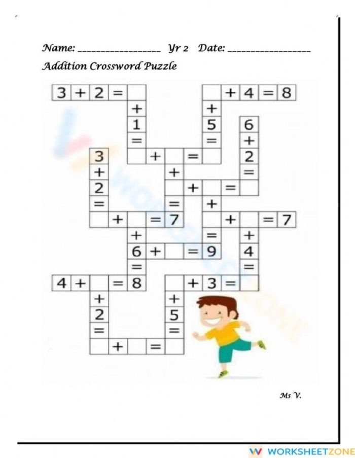 Engaging worksheet for practicing math facts with fun visuals Colorful addition crossword puzzle for kindergarten students focusing on sums up to 10