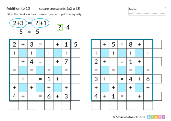Addition Crossword Puzzle Worksheet for Kindergarteners Number 25 Kindergarten student completing an addition crossword puzzle with sums up to 10