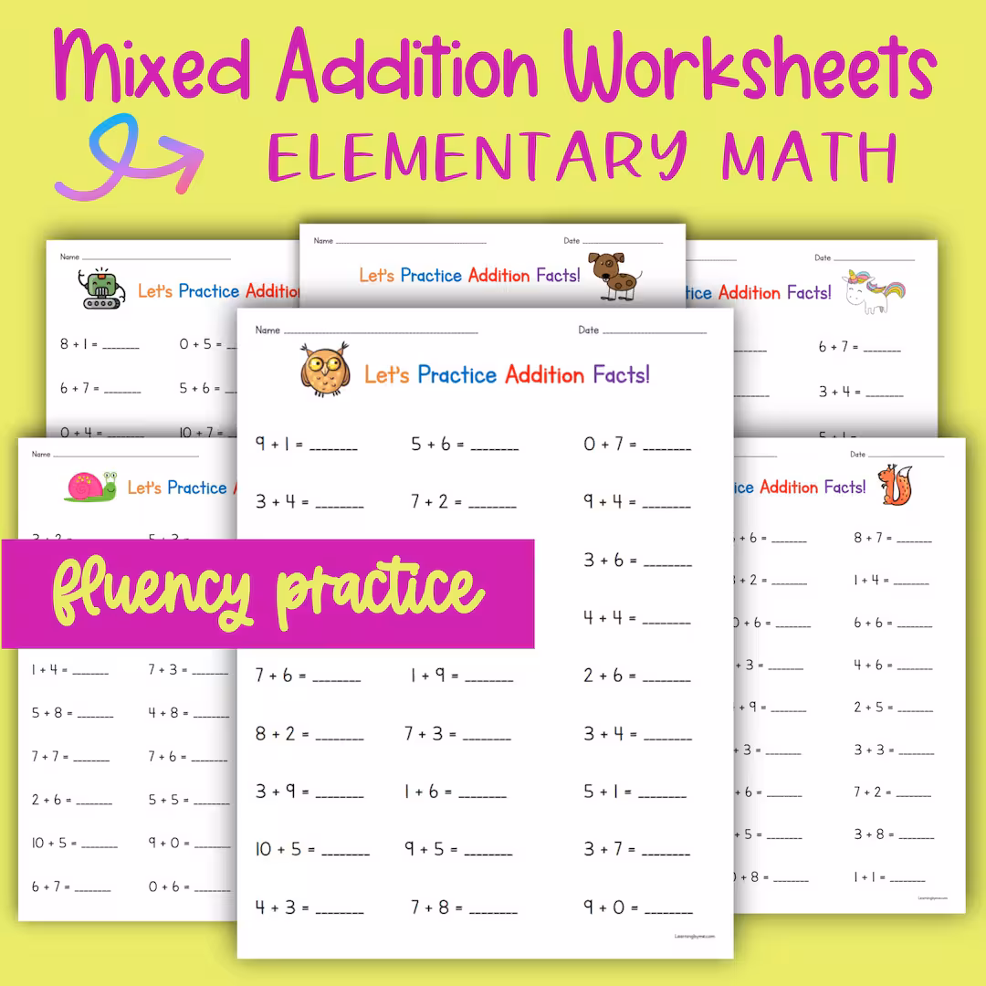 Kindergarten addition facts practice worksheet featuring stars and playful graphics