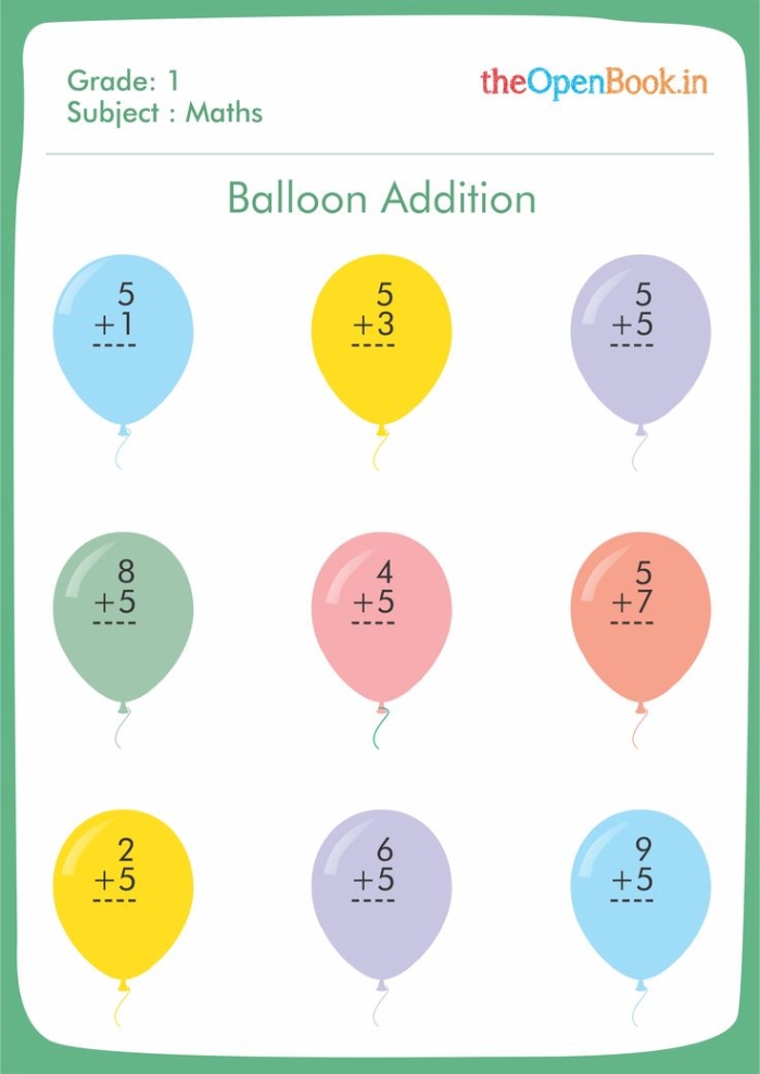 Colorful worksheet for kindergarteners focusing on adding balloons up to 10