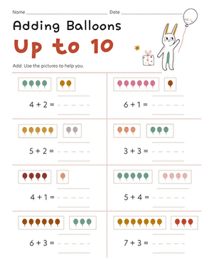 Kindergarten math worksheet featuring colorful balloons to help students practice addition facts up to 10
