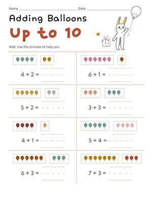 Colorful worksheet featuring balloons to teach kindergarteners addition up to 10