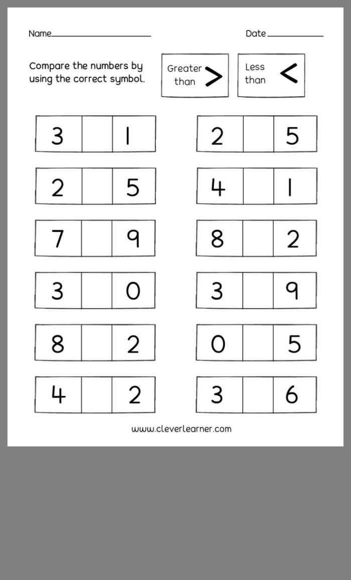 Less Than/Greater Than worksheet for kindergarten students featuring groups of objects for comparison