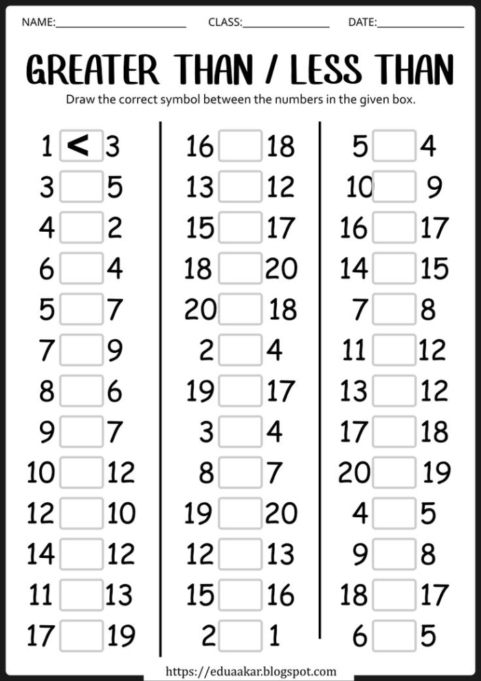 Worksheet for teaching less than and greater than concepts with object groups
