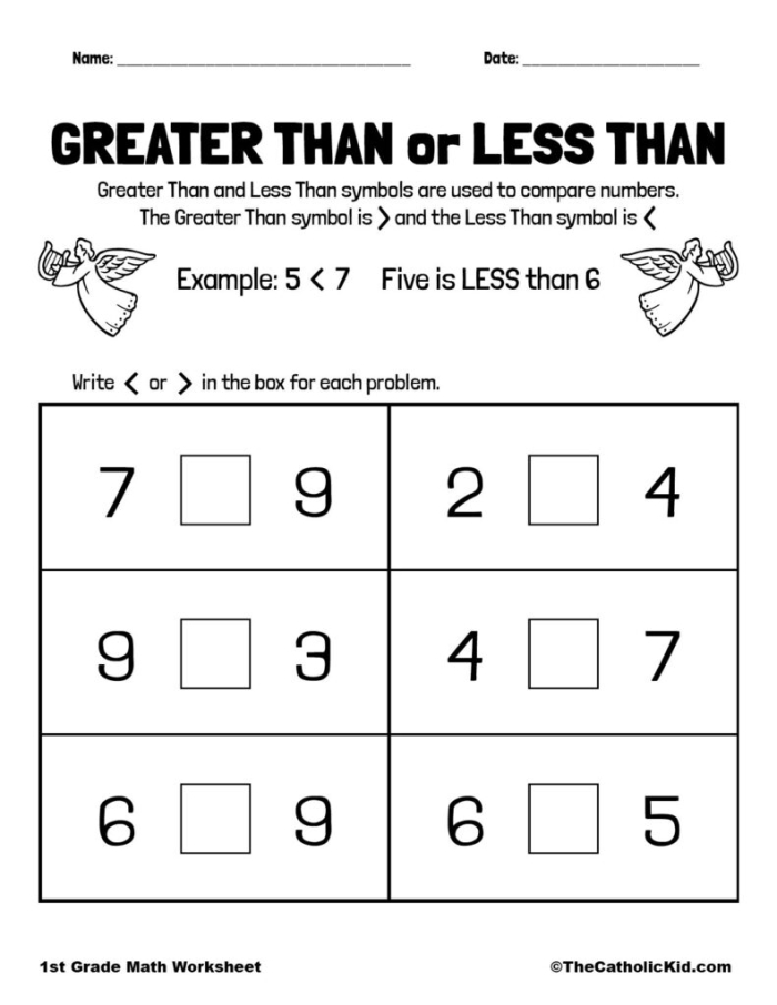 Worksheet for practicing less than and greater than concepts with colorful objects