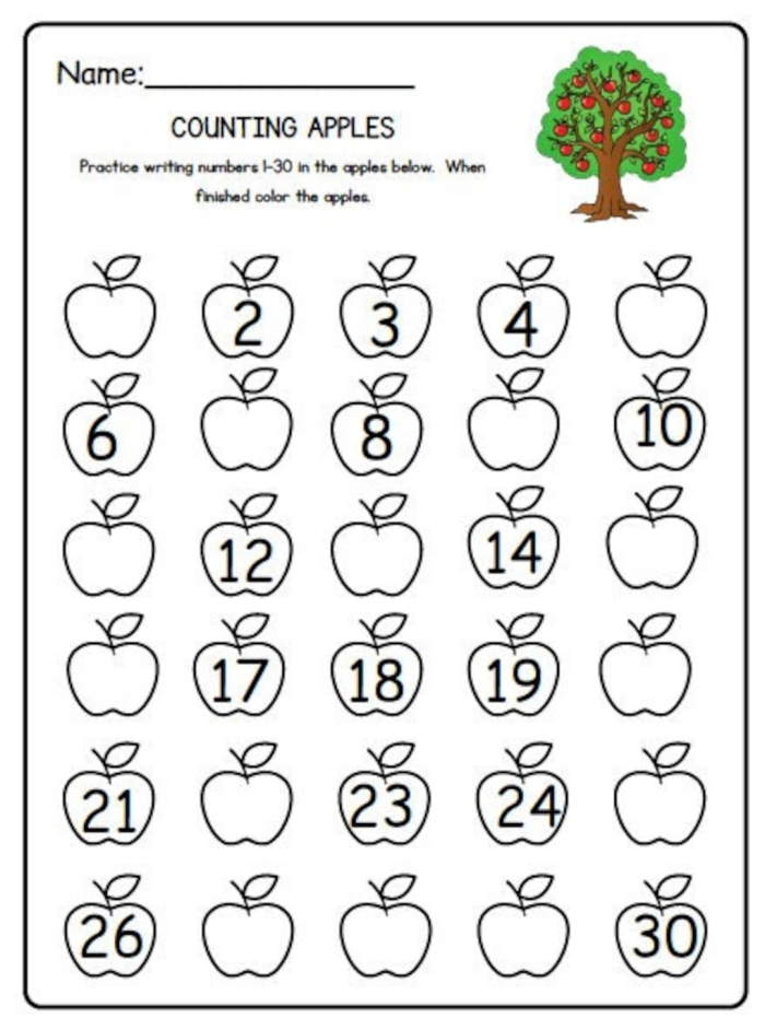 A colorful worksheet for kindergarteners to practice filling in missing numbers up to 30