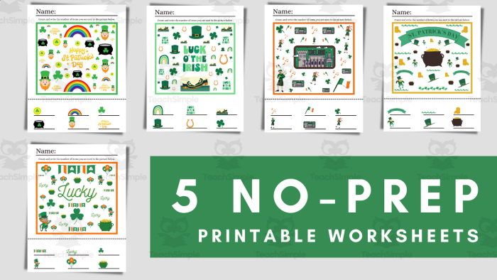 Fun St. Paddy's Counting Worksheet for practicing integers and rational numbers Counting leprechauns in a festive St. Paddy's Day scene for kindergarten students