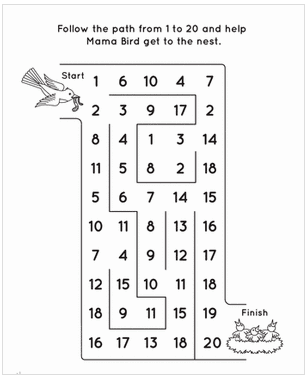 Colorful worksheet featuring Mama Bird guiding her chicks while counting to 20