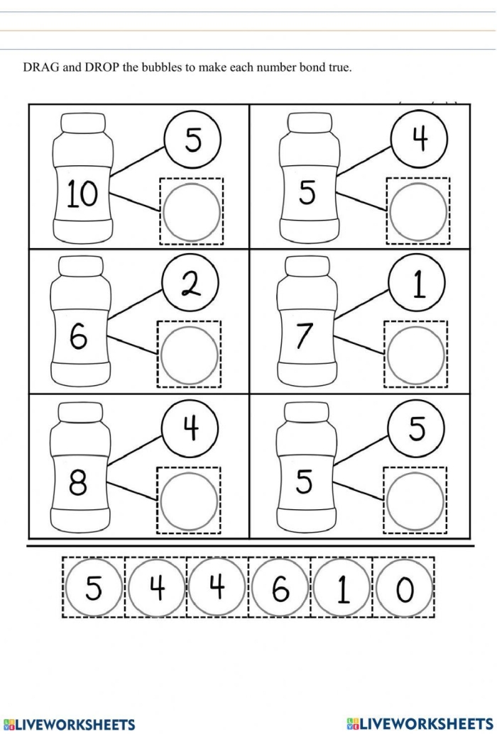 Number Bonds worksheet for kindergarten students focusing on addition within 10. Visual guide for identifying missing numbers in number bonds.