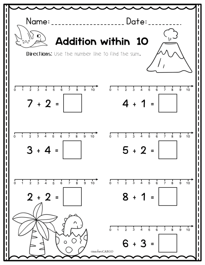 Kindergarten student practicing addition problems on a printed number line worksheet