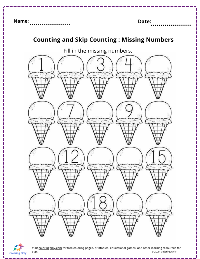 Kindergarten worksheet featuring a frog theme to practice filling in missing numbers from 1 to 50