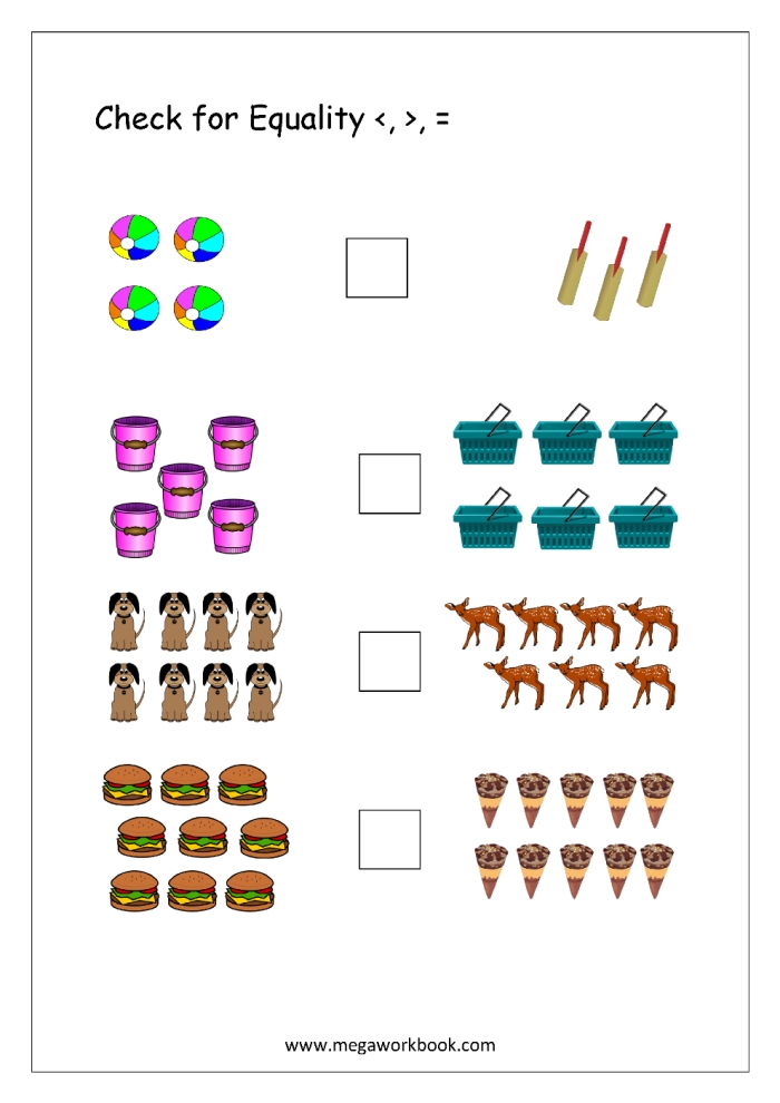 Kindergarten math worksheet comparing quantities to determine which group has less or more