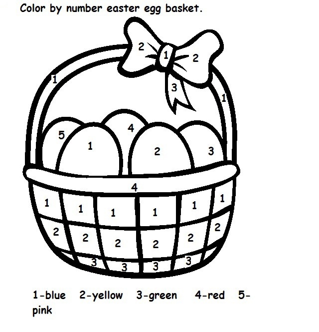 Kindergarten student coloring an Easter egg basket using a color by number geometry worksheet