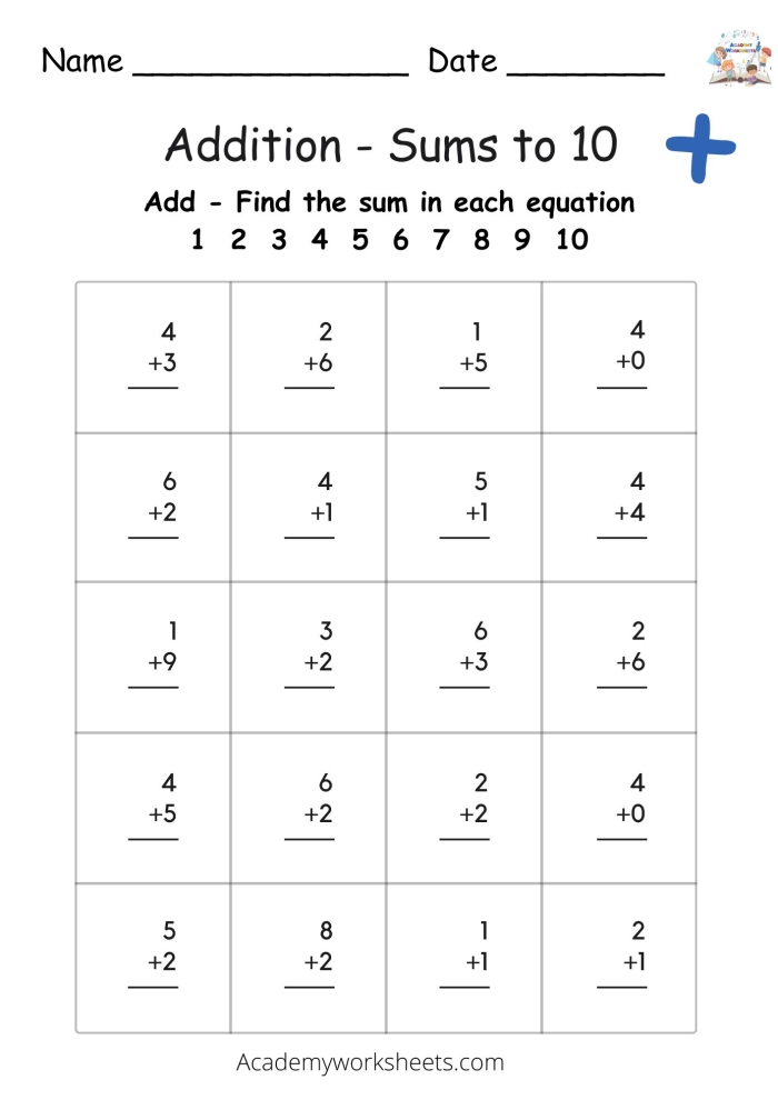 Engaging math activity for young learners to practice addition facts Addition crossword puzzle worksheet for kindergarten focusing on sums to 10