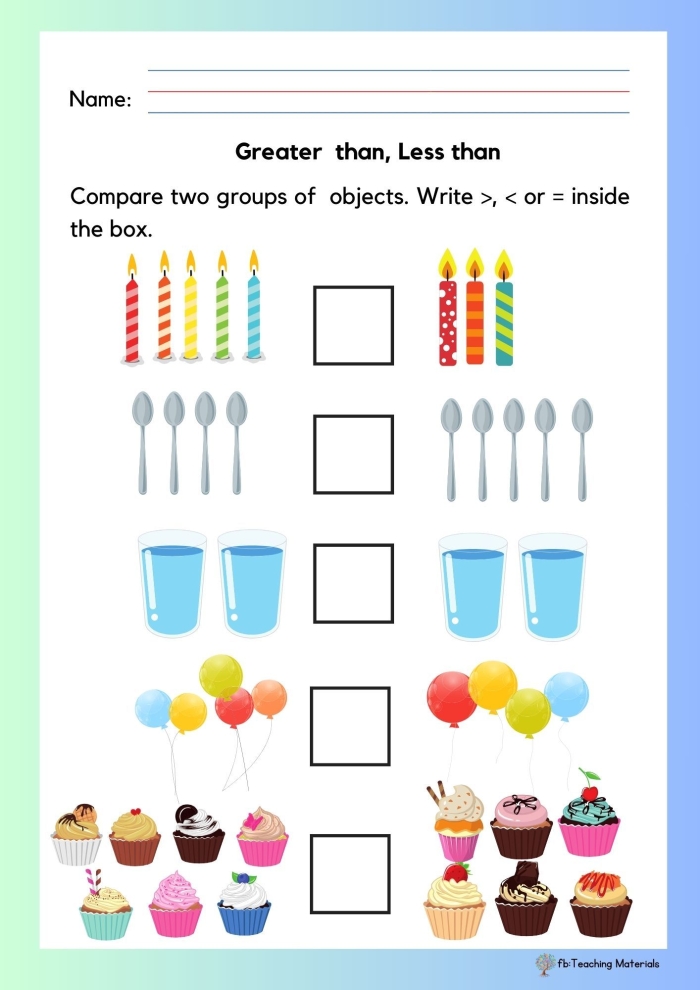 Colorful worksheet illustrating less than and greater than concepts for kindergarten math