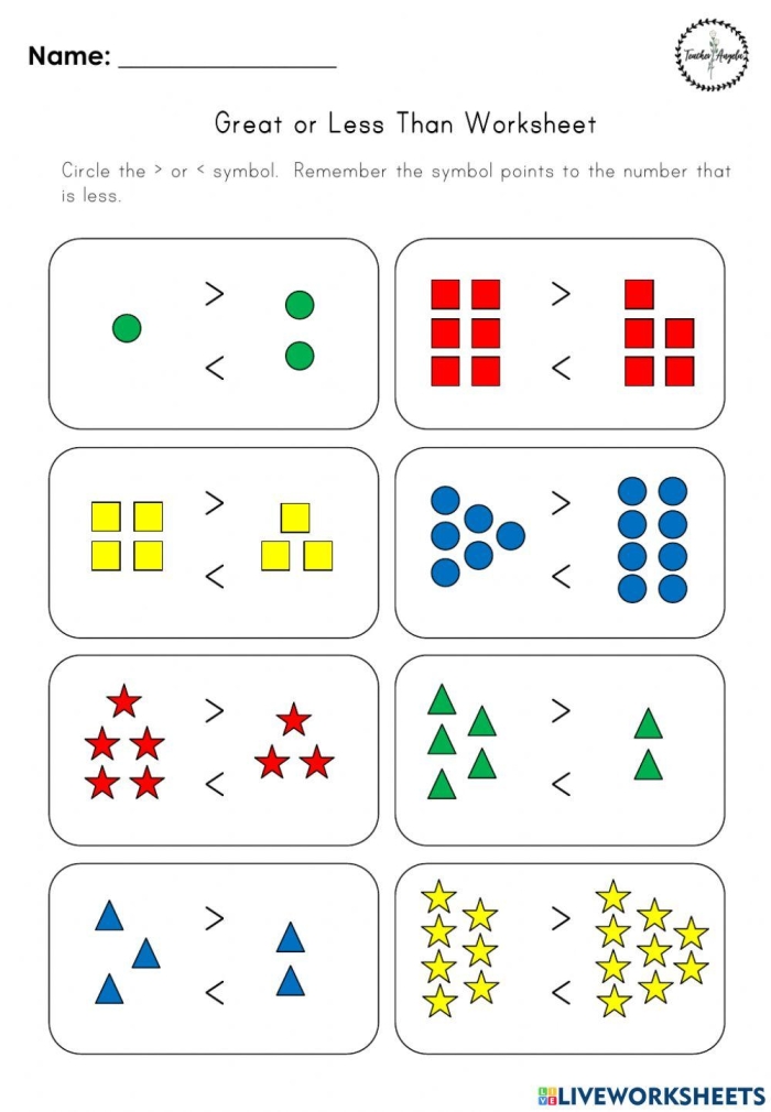 Kindergarten math worksheet for comparing sets of objects using greater than or less than symbols