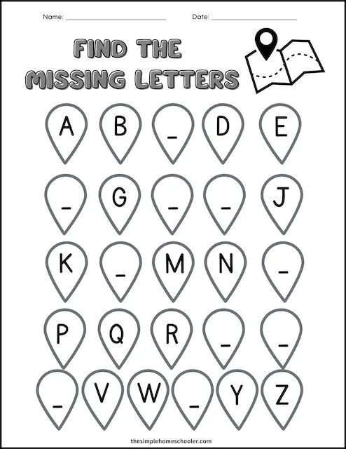 Kindergarten student completing a Find the Missing Letter worksheet to practice reading and writing