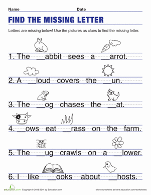 Find the Missing Letter worksheet designed for kindergarten reading practice