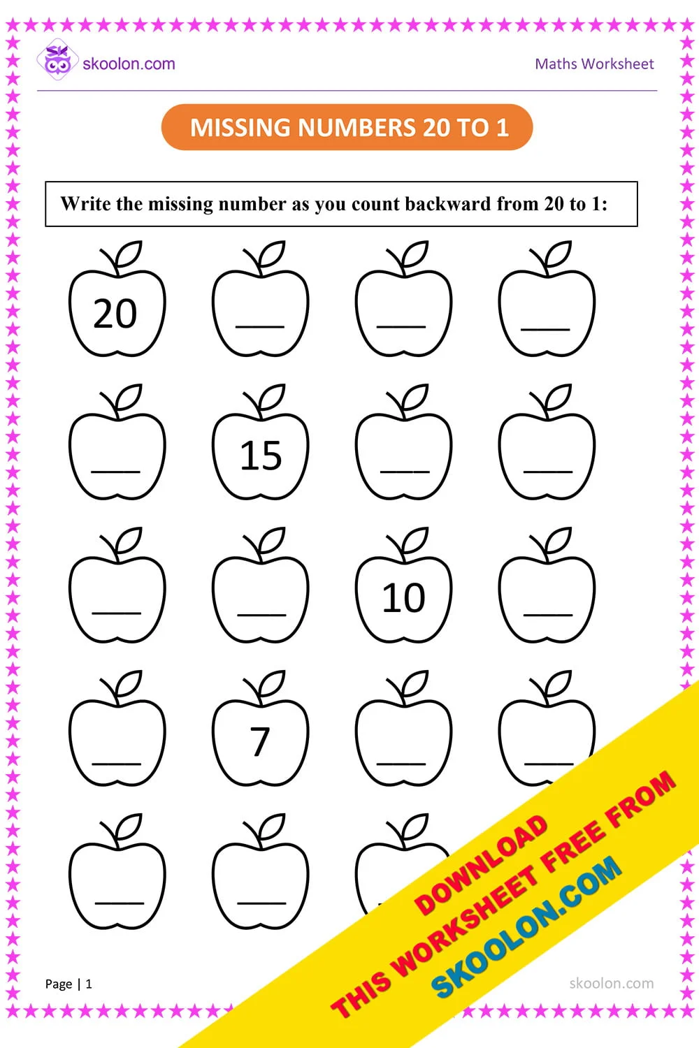 A cute caterpillar with missing numbers from 5 to 10 that children must identify and fill in on a kindergarten math worksheet