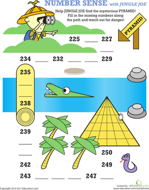 Kindergarten student completing the Missing Numbers Game with Jungle Joe math worksheet