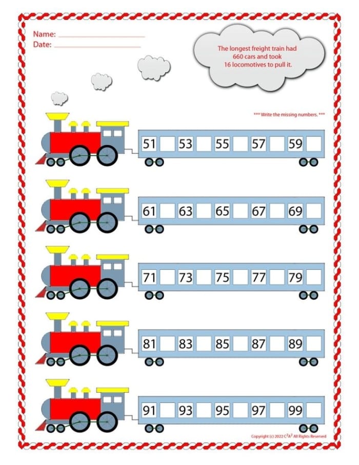 Worksheet for filling in missing numbers from 1 to 100 for kindergarten students