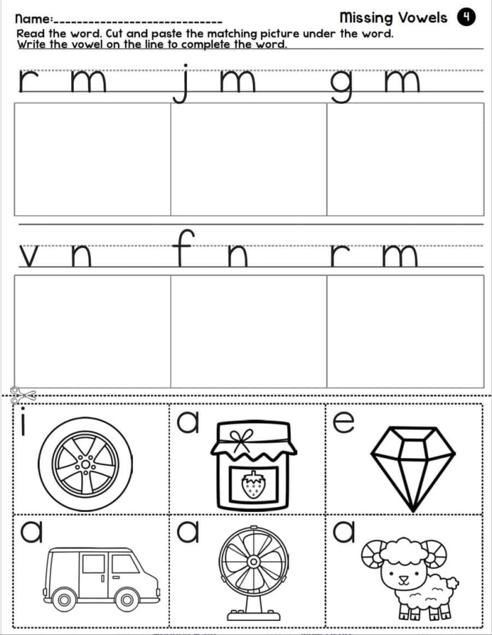 Engaging printable activity for teaching vowels in early writing skills Missing Vowels worksheet designed for kindergarten students to enhance their spelling abilities