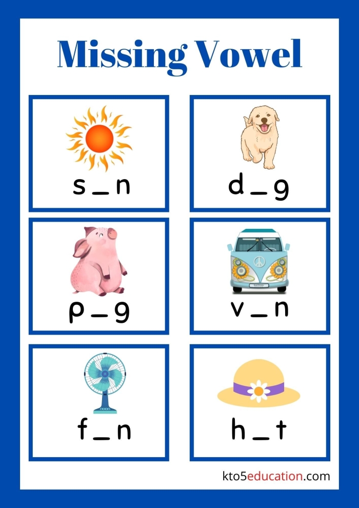 Printable worksheet designed to enhance vowel learning and spelling skills for young learners Missing Vowels worksheet for kindergarten students focusing on vowel recognition and spelling practice