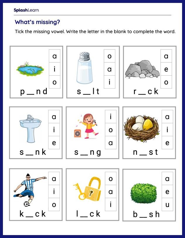 Engaging printable activity to help children learn vowels effectively Missing Vowels worksheet for kindergarten students to enhance their spelling abilities