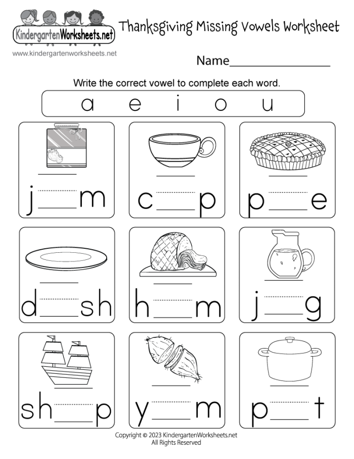 Engaging printable activity for children to learn vowels in a fun way Kindergarten worksheet focusing on missing vowels to enhance spelling skills