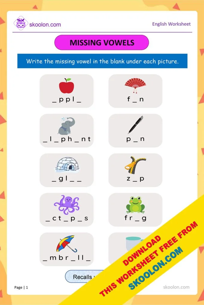 Engaging printable activity to help children learn vowels effectively Missing Vowels worksheet for kindergarten students to enhance their spelling abilities