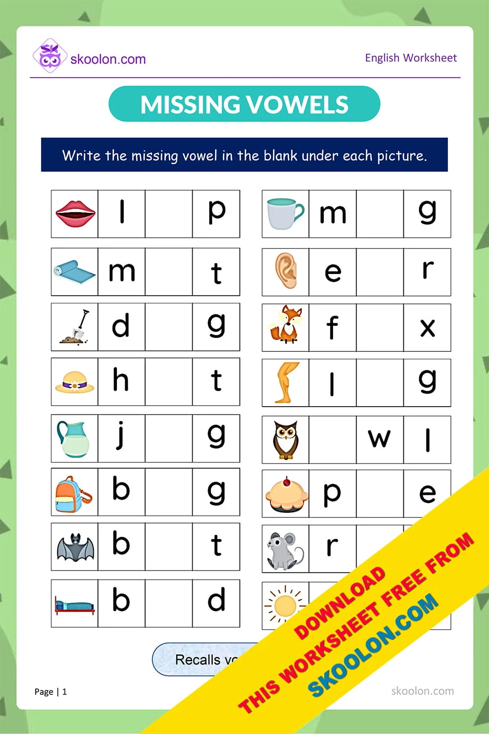 Engaging printable worksheet for children to practice identifying missing vowels in words Missing Vowels worksheet designed for kindergarten kids to enhance their vowel recognition and spelling skills