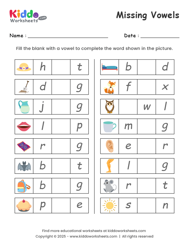 Interactive learning tool designed to help kids master vowels in a fun way Missing Vowels worksheet for kindergarten students to enhance their spelling abilities