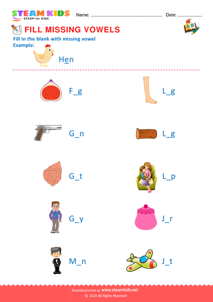 Engaging printable activity for young learners to master vowels and boost their writing skills Missing Vowels worksheet designed for kindergarten kids to enhance their vowel recognition and spelling abilities