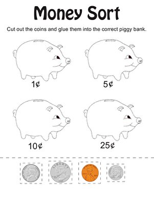 Printable worksheet designed for teaching young learners about money in a fun way Money Sort worksheet for kindergarten students to enhance their money counting skills