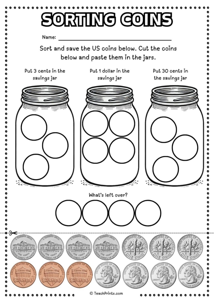 Engaging printable worksheet for young learners to practice identifying and sorting money Money Sort worksheet designed for kindergarten students to enhance their money counting skills