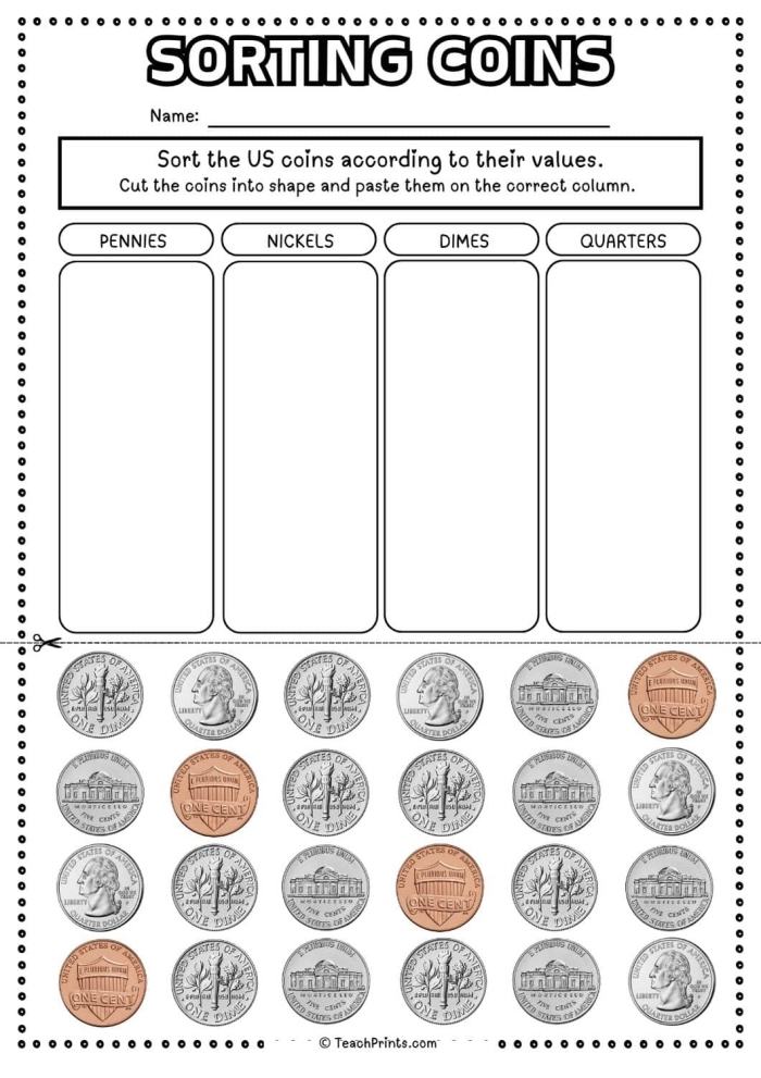 Image title for a printable worksheet designed to enhance money counting skills in young learners ALT text for a kindergarten money sort worksheet featuring coins and bills for counting practice