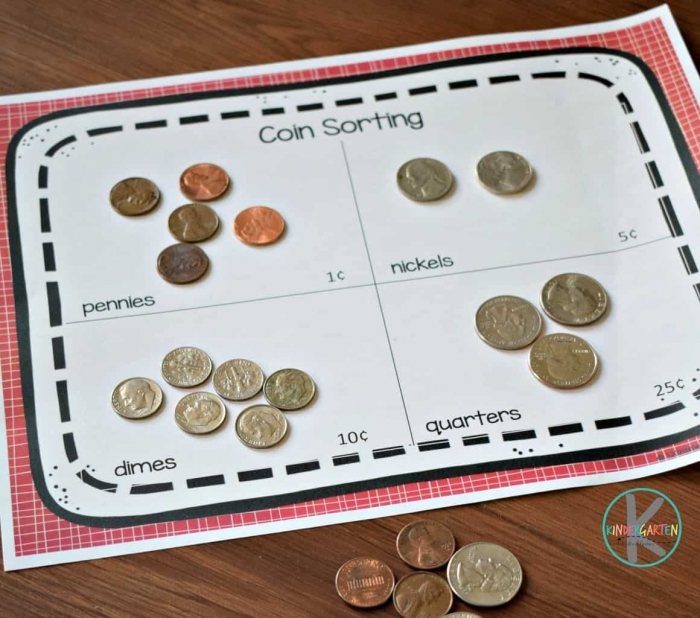 Money Sort worksheet for kindergarten geometry practice number 7 Kindergarten student sorting coins on a printable money counting worksheet