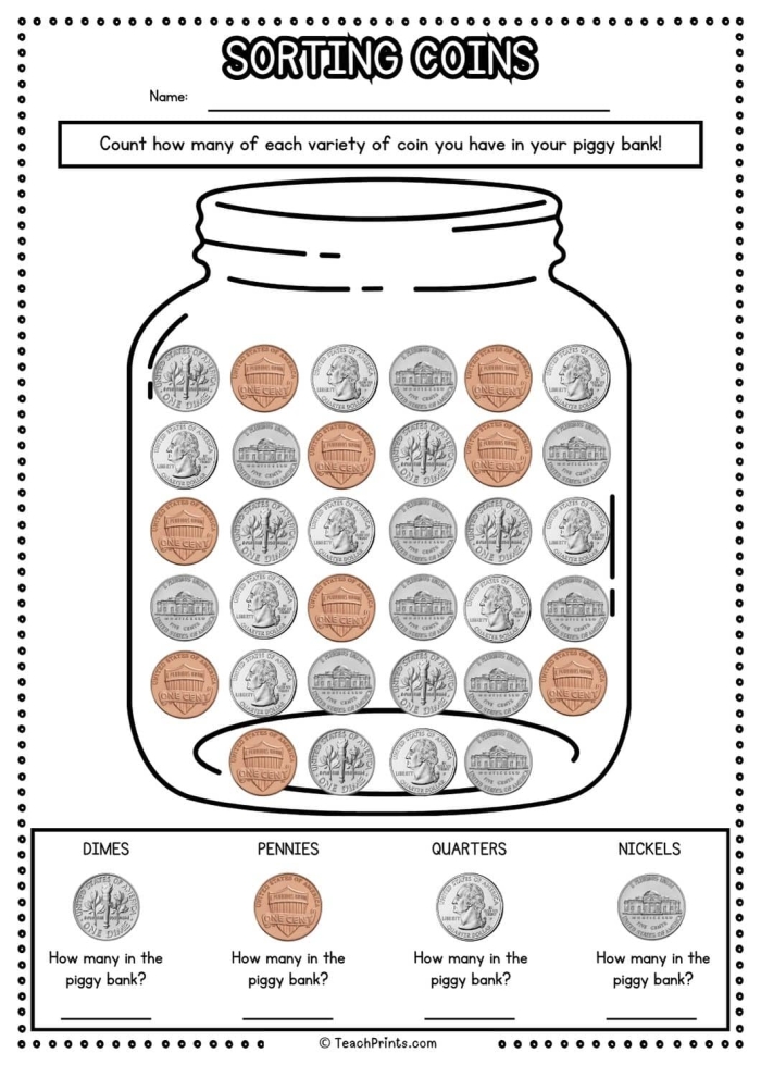Engaging printable worksheet for teaching young learners about money in a geometric context Money Sort worksheet designed for kindergarten students to enhance their money counting abilities