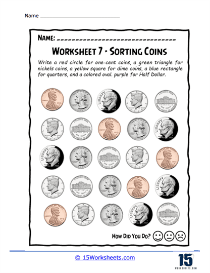 Money Sort Worksheet for Kindergarten Geometry Practice Number 19 Kindergarten student completing a coin counting and money sort activity page