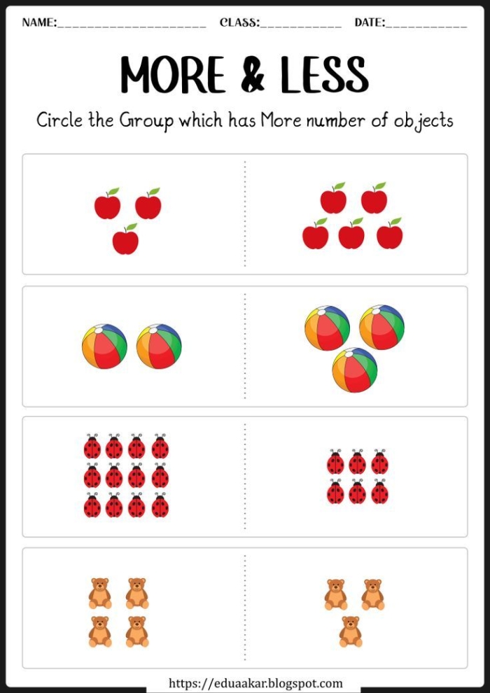 Worksheet for learning more and less concepts through counting activities Kindergarten student comparing groups of animals to identify which has more or less