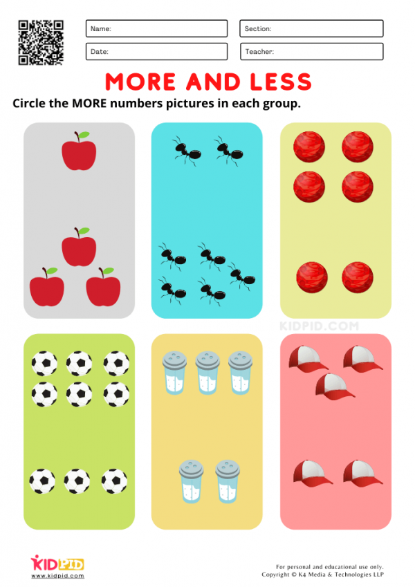 Writing worksheet for Kindergarten Worksheet for kindergarteners illustrating the concept of more and less through counting groups of animals. Educational image showing children engaging with a More and Less worksheet designed for early learners.