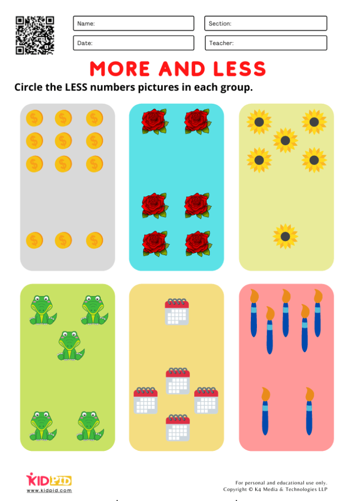 More and Less Worksheet for Kindergarten: Identifying larger groups through counting activities A kindergarten student compares groups to determine which has more or less using a colorful worksheet