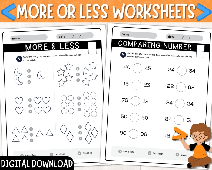 More and Less worksheet for young learners focusing on counting skills Kindergarten student comparing groups to identify which has more or less in a fun worksheet