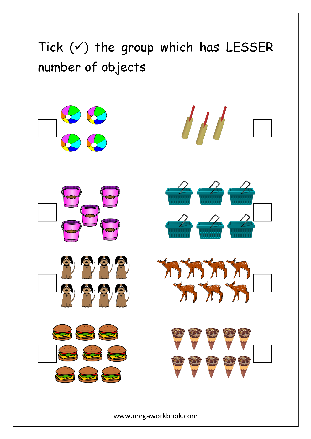 More and Less Worksheet for Kindergarten: Counting Skills Activity A young child counting groups of animals to determine more and less on a colorful worksheet