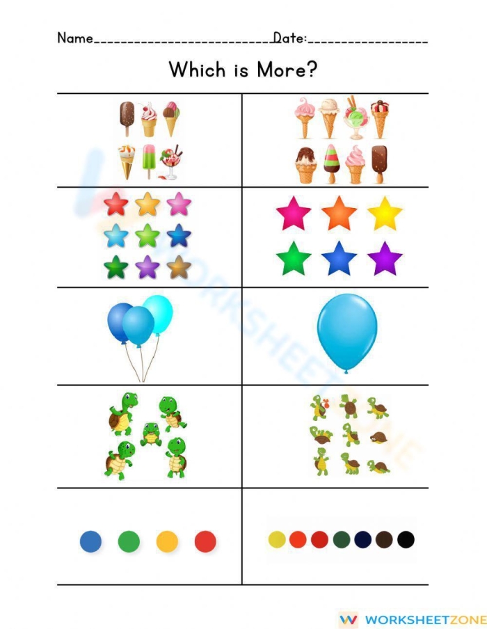 Image showing a child learning to identify which group has more or less in a fun activity Kindergarten student working on a More and Less worksheet to compare groups of animals