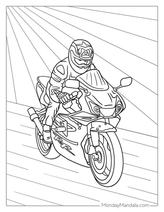 Kindergarten motocross coloring worksheet featuring a rider jumping through the air